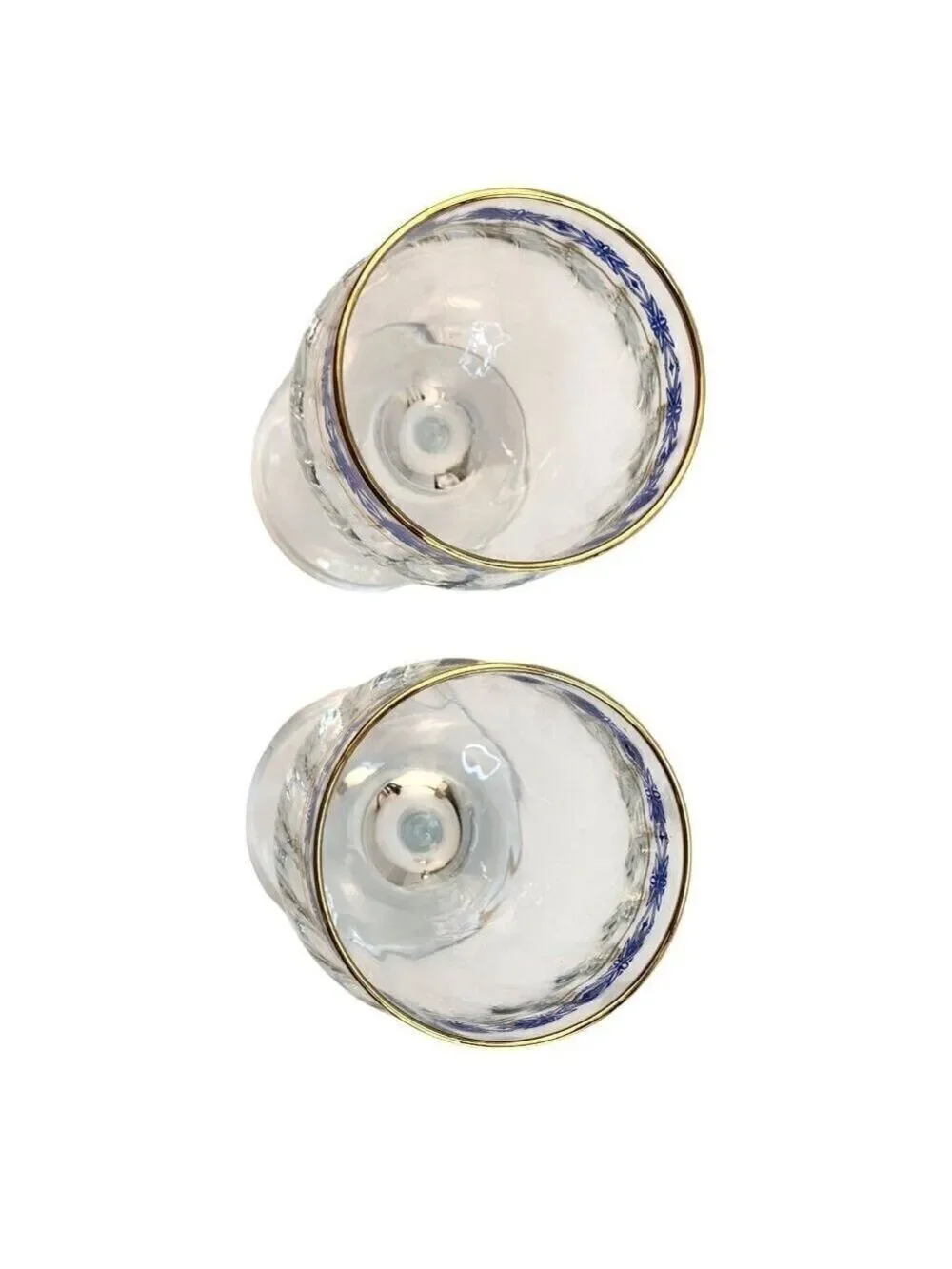 Steamed Wine Glasses Blue Floral Diamond & Gold Rim Design, Swirl Glass